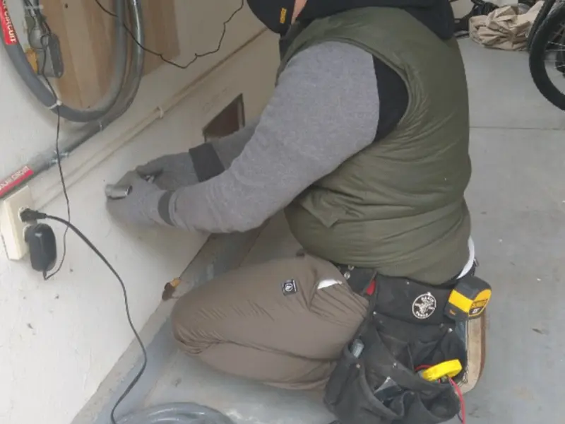 Electrician performing outlet wiring in a Elberton garage